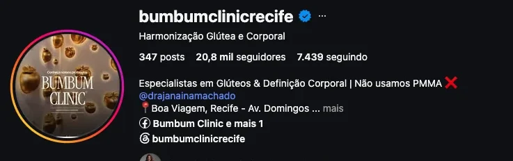 Perfil da Bumbum Clinic no Instagram